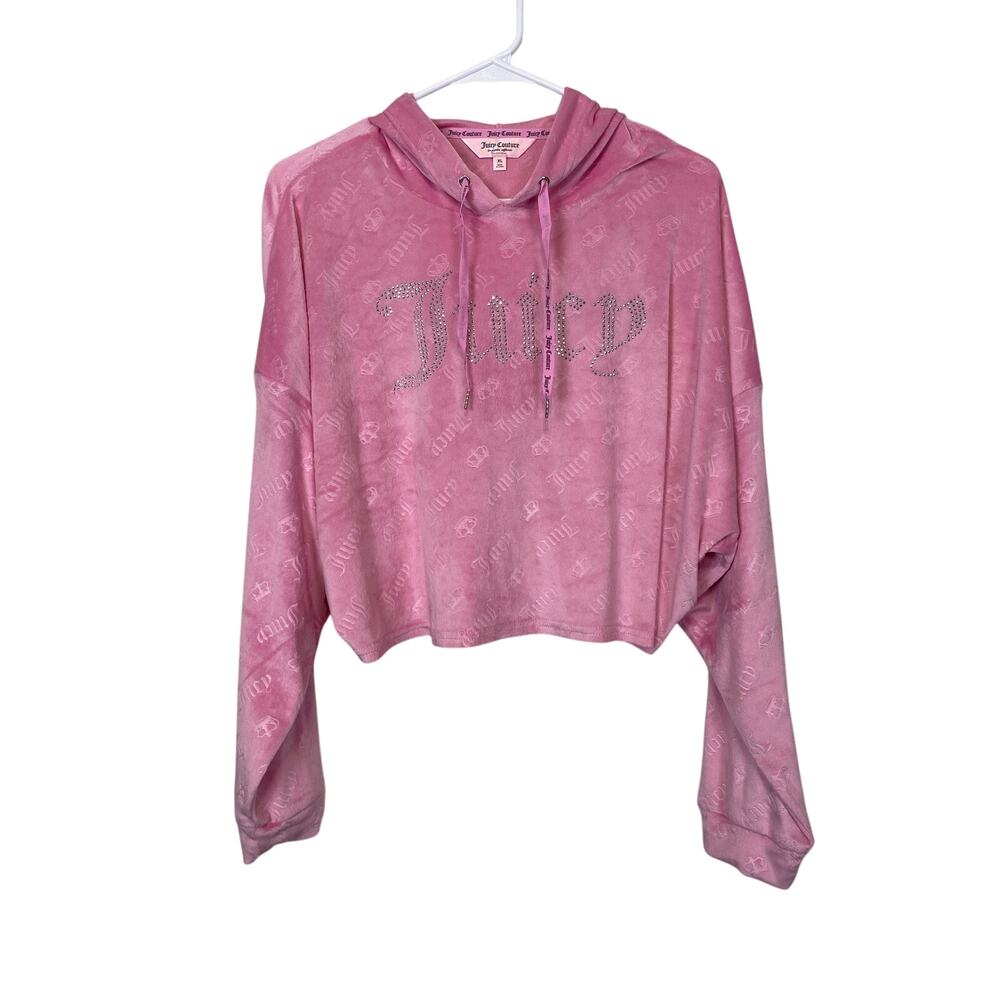 Juicy Couture Sleepwear Pink Crop Fleece Hoodie Bedazzled Top Only Size XL